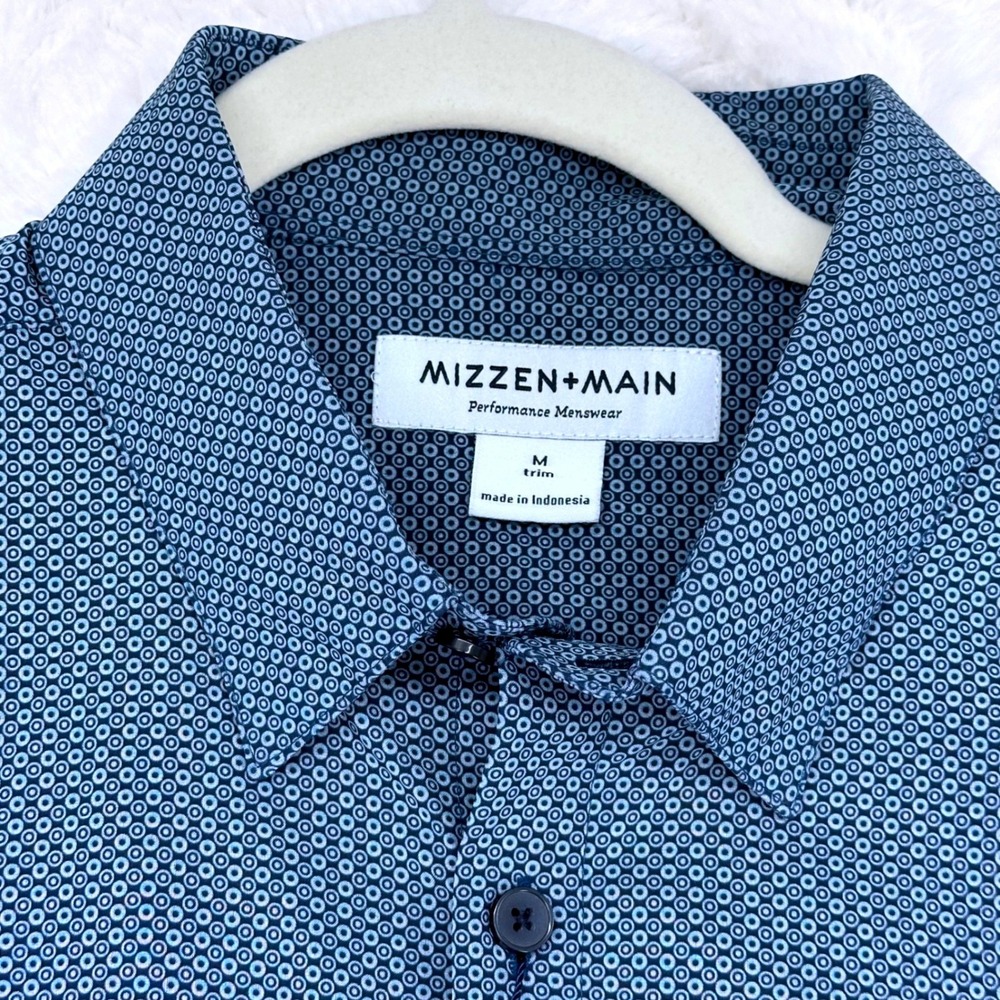Mizzen+Main Leeward Performance Short Sleeve Shirt Blue Geometric Trim Fit M NWT